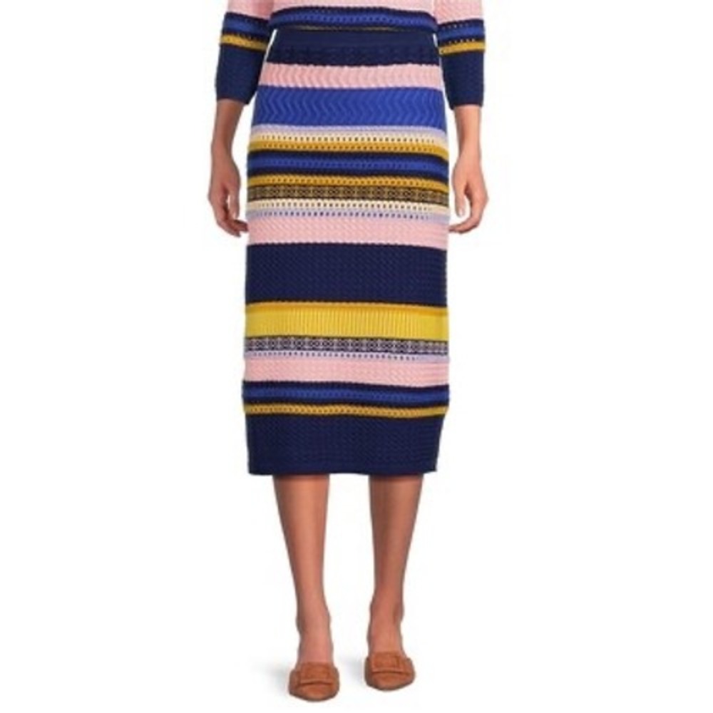 Tyler Boe Women Multi Color Striped Merino Wool Blend Knit Midi Skirt Large New
